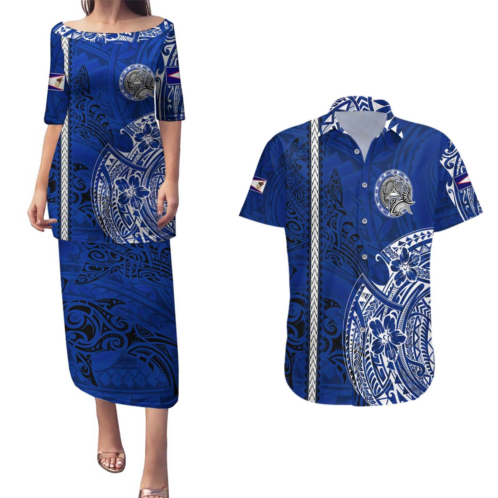 Sharks And American Samoa Couples Matching Puletasi and Hawaiian Shirt Simple Polynesian Blue DT02 Blue - Polynesian Pride