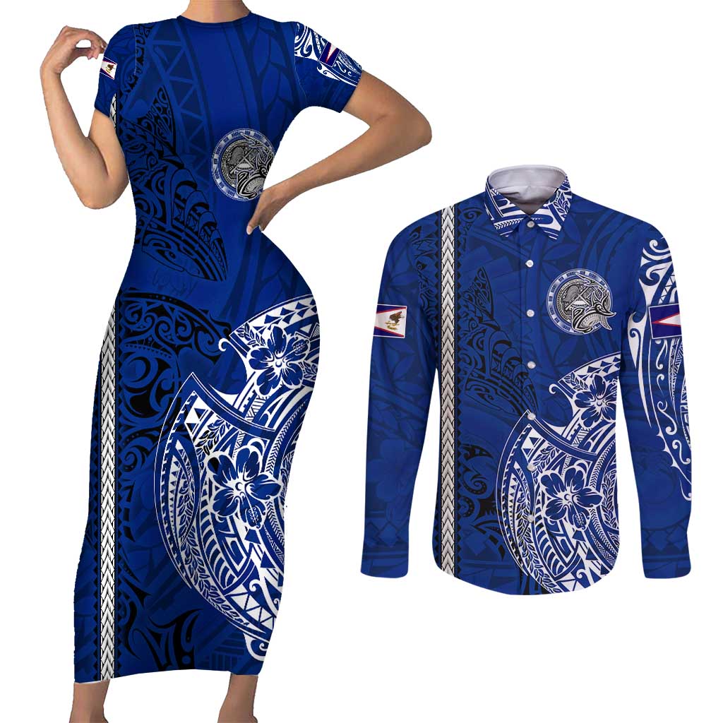 Sharks And American Samoa Couples Matching Short Sleeve Bodycon Dress and Long Sleeve Button Shirt Simple Polynesian Blue DT02 Blue - Polynesian Pride