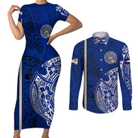 Sharks And American Samoa Couples Matching Short Sleeve Bodycon Dress and Long Sleeve Button Shirt Simple Polynesian Blue DT02 Blue - Polynesian Pride
