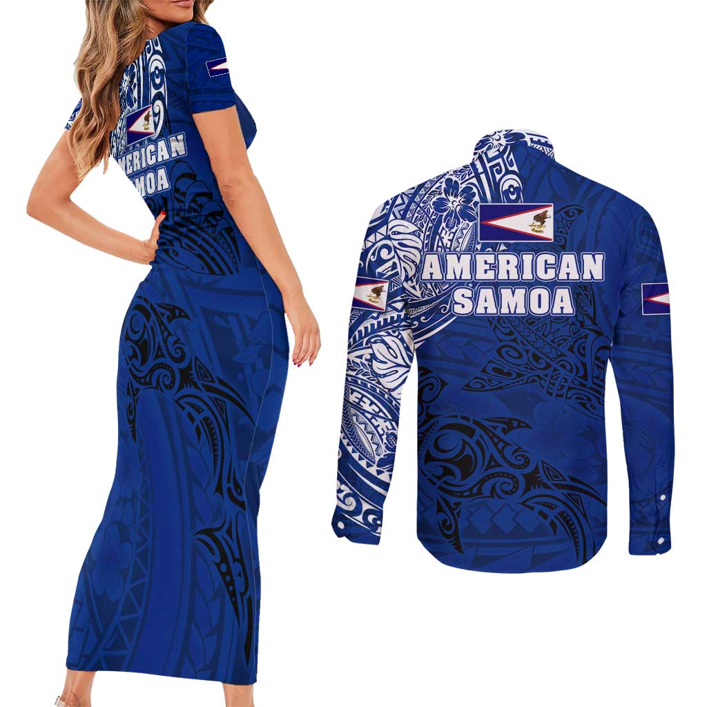 Sharks And American Samoa Couples Matching Short Sleeve Bodycon Dress and Long Sleeve Button Shirt Simple Polynesian Blue DT02 - Polynesian Pride