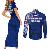 Sharks And American Samoa Couples Matching Short Sleeve Bodycon Dress and Long Sleeve Button Shirt Simple Polynesian Blue DT02 - Polynesian Pride
