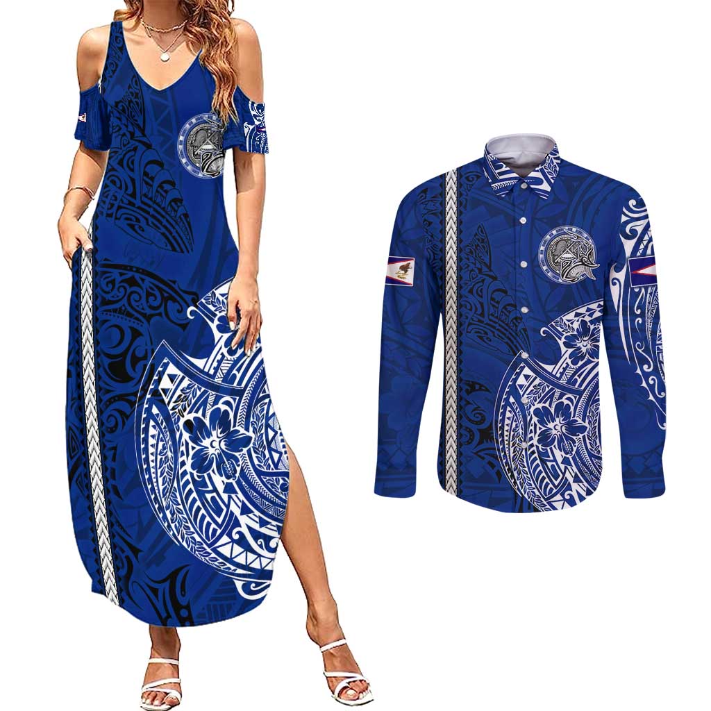 Sharks And American Samoa Couples Matching Summer Maxi Dress and Long Sleeve Button Shirt Simple Polynesian Blue DT02 Blue - Polynesian Pride