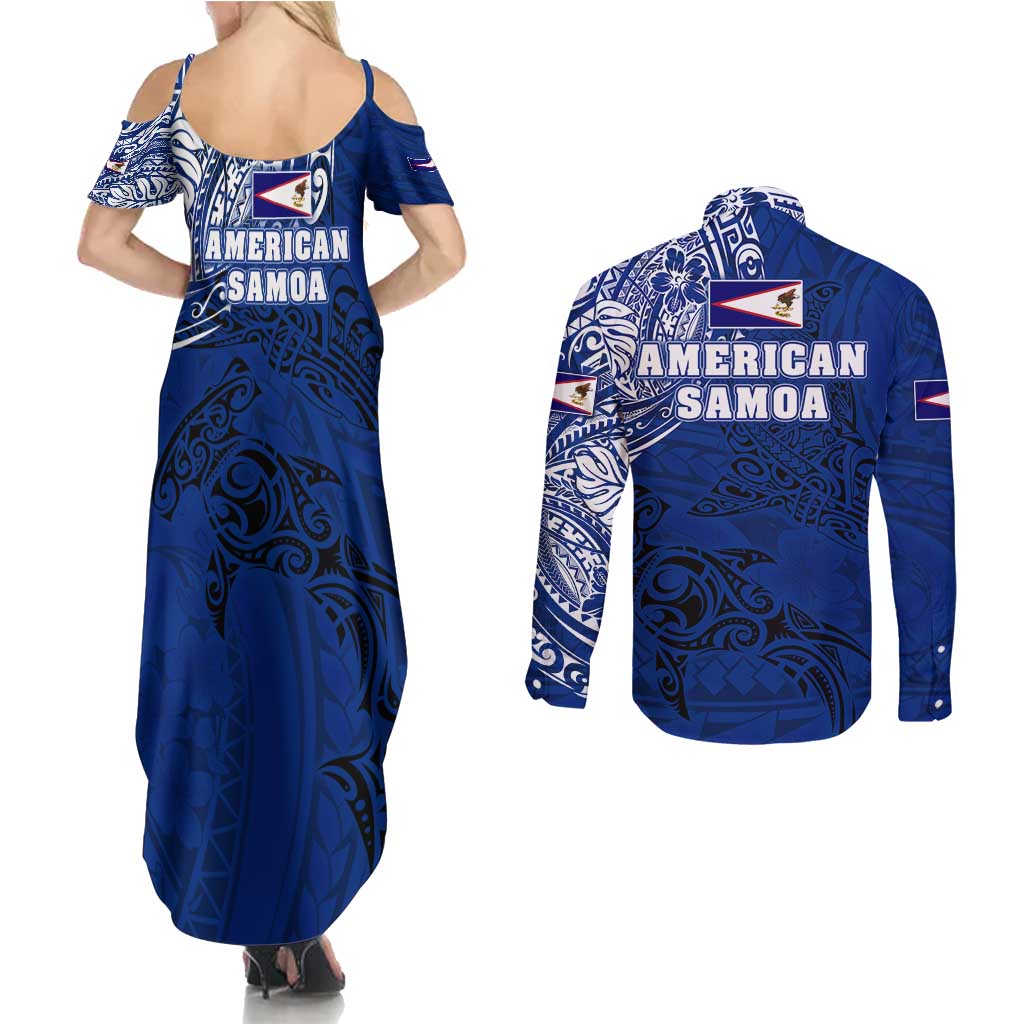 Sharks And American Samoa Couples Matching Summer Maxi Dress and Long Sleeve Button Shirt Simple Polynesian Blue DT02 - Polynesian Pride