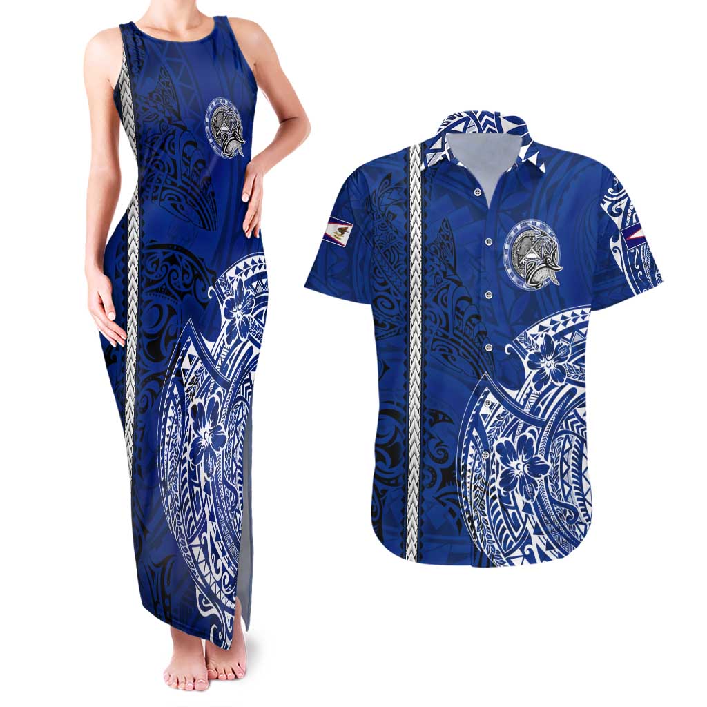 Sharks And American Samoa Couples Matching Tank Maxi Dress and Hawaiian Shirt Simple Polynesian Blue DT02 Blue - Polynesian Pride