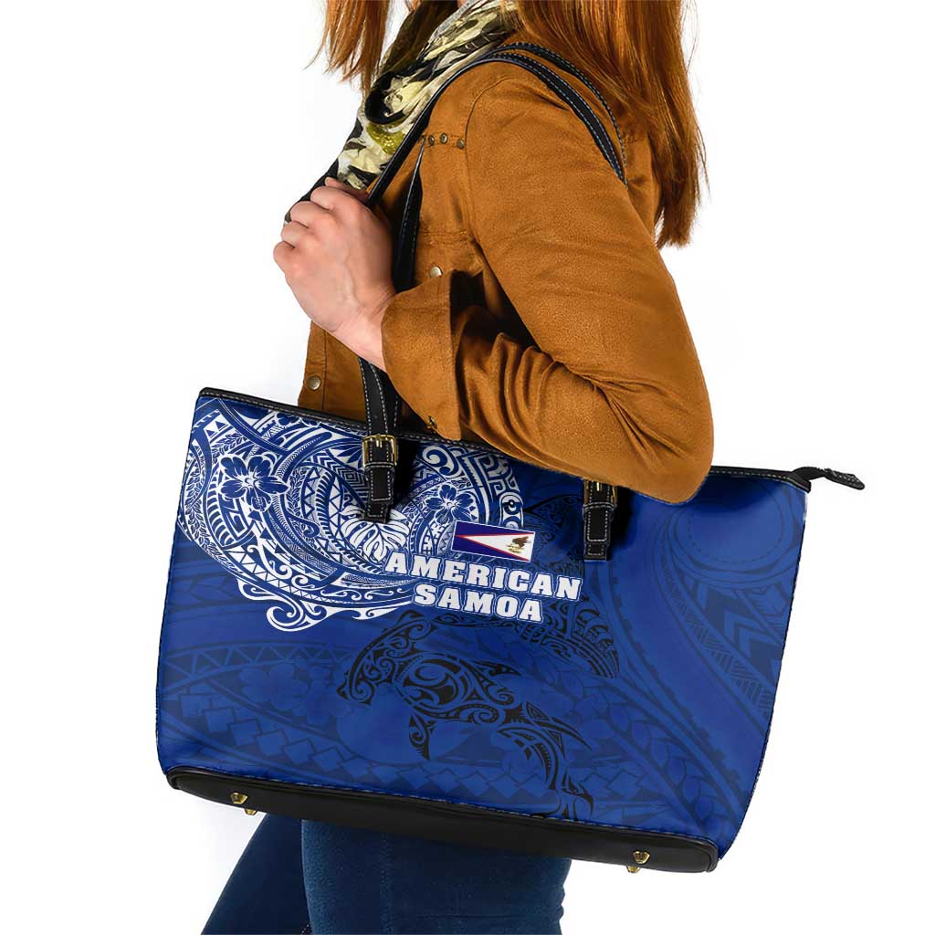 Sharks And American Samoa Leather Tote Bag Simple Polynesian Blue DT02 Blue - Polynesian Pride
