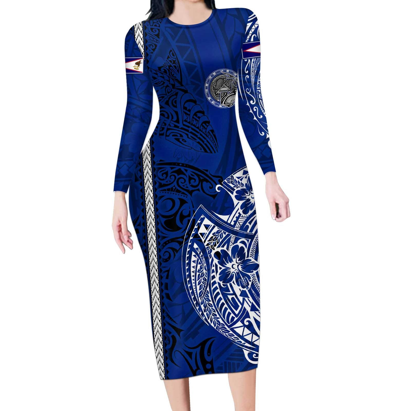 Sharks And American Samoa Long Sleeve Bodycon Dress Simple Polynesian Blue DT02 Long Dress Blue - Polynesian Pride