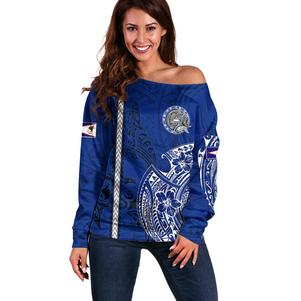 Sharks And American Samoa Off Shoulder Sweater Simple Polynesian Blue DT02 Women Blue - Polynesian Pride