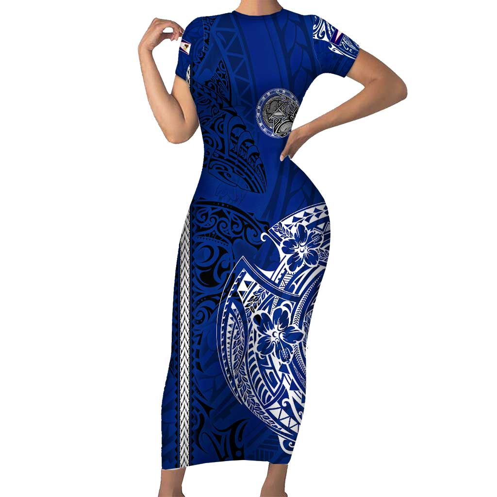Sharks And American Samoa Short Sleeve Bodycon Dress Simple Polynesian Blue DT02 Long Dress Blue - Polynesian Pride