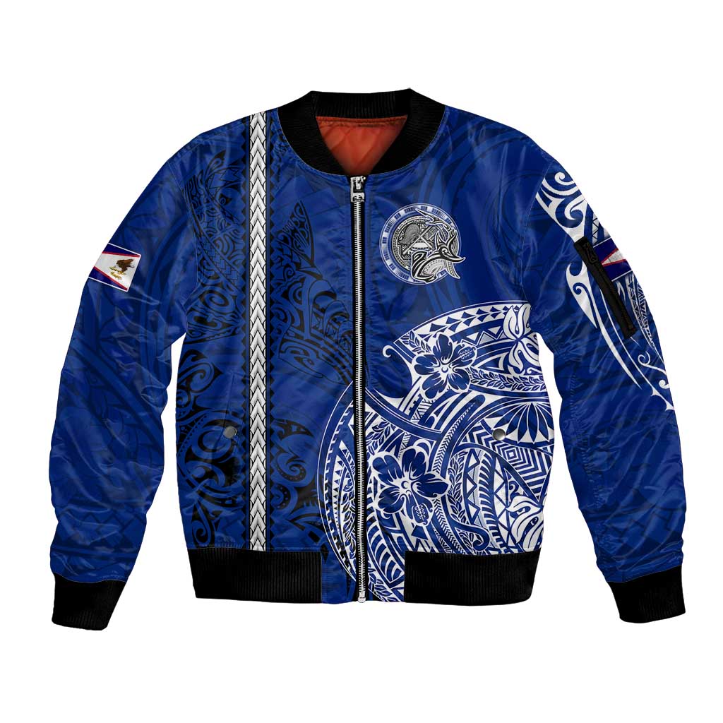 Sharks And American Samoa Sleeve Zip Bomber Jacket Simple Polynesian Blue DT02 Unisex Blue - Polynesian Pride