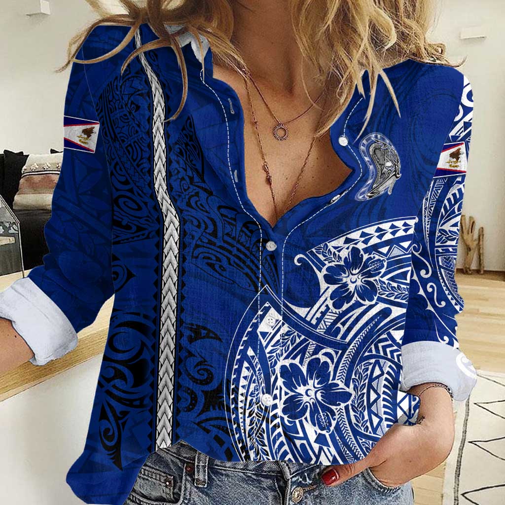 Sharks And American Samoa Women Casual Shirt Simple Polynesian Blue DT02 Female Blue - Polynesian Pride