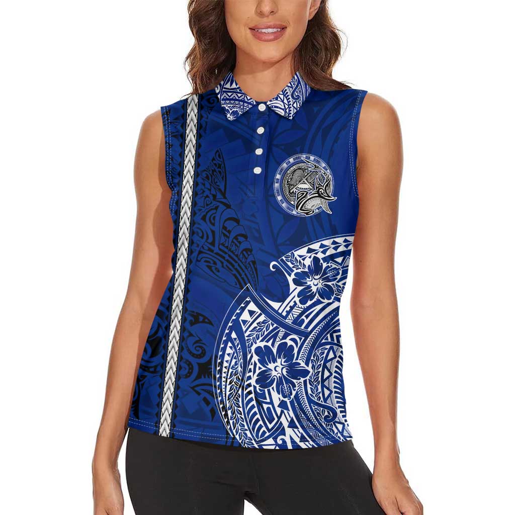 Sharks And American Samoa Women Sleeveless Polo Shirt Simple Polynesian Blue