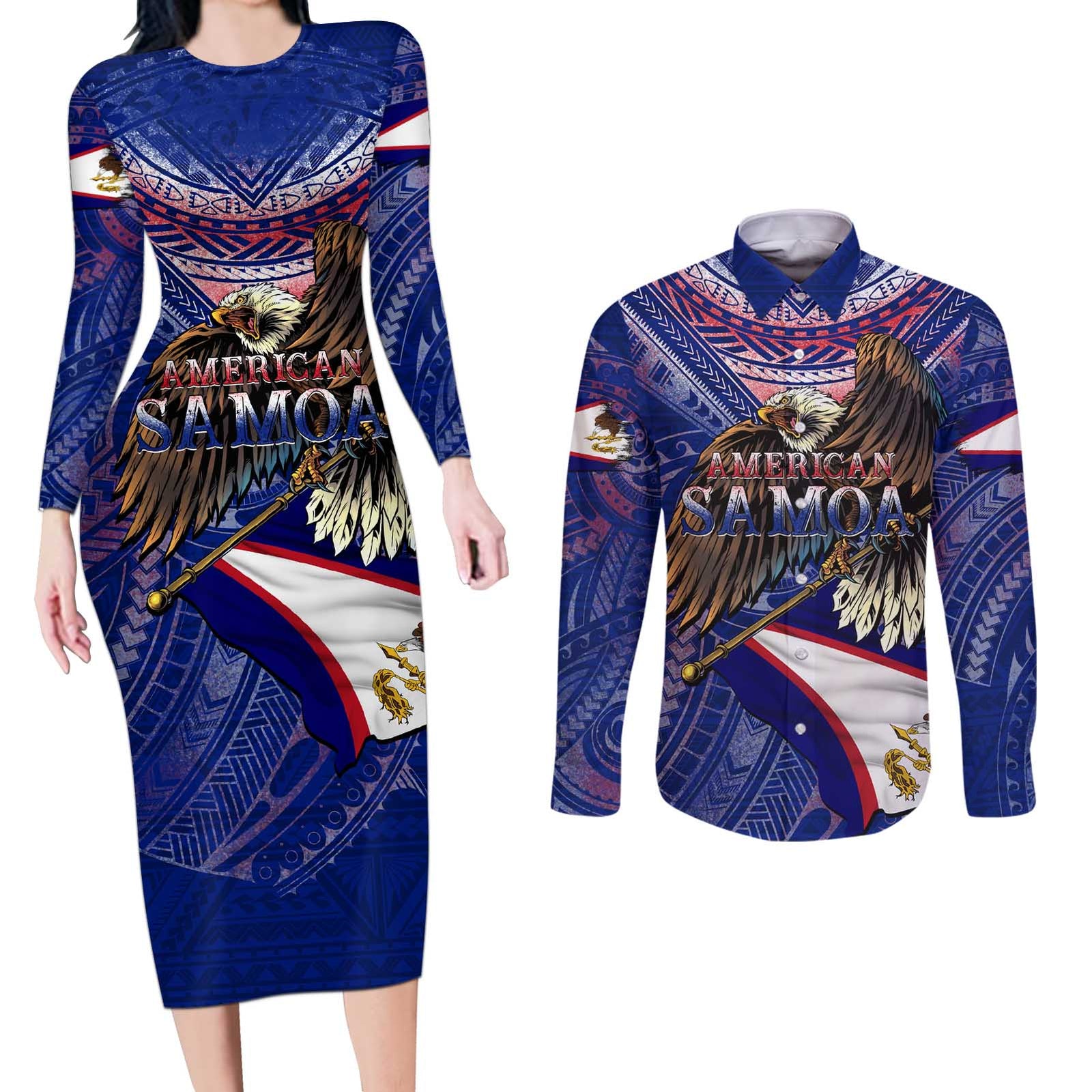 American Samoa Couples Matching Long Sleeve Bodycon Dress and Long Sleeve Button Shirt Brave Eagle Flag Color DT02 Blue - Polynesian Pride