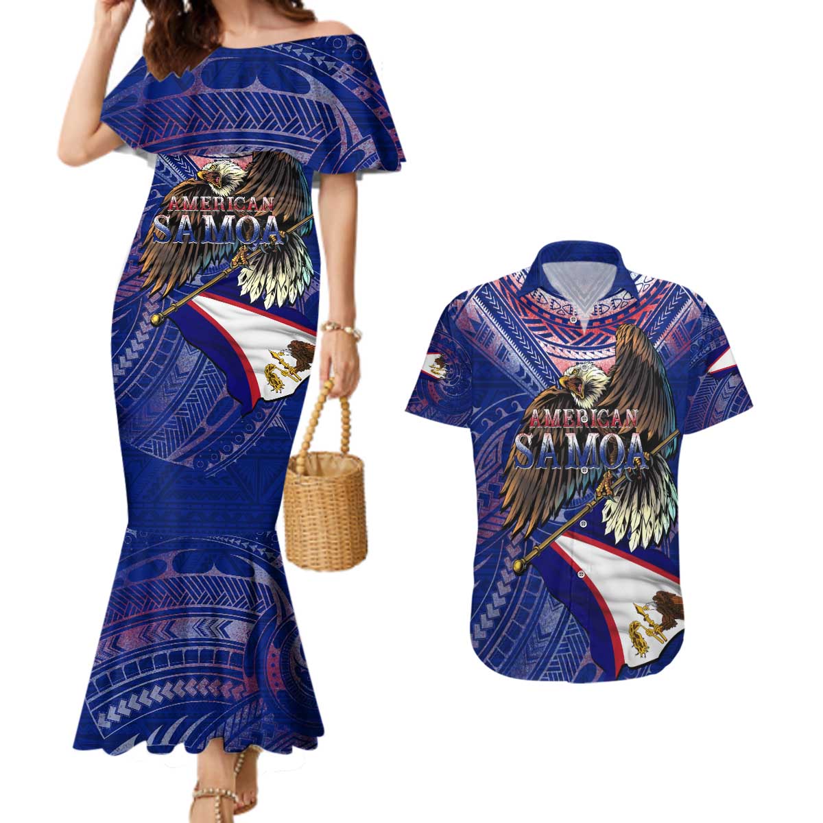 American Samoa Couples Matching Mermaid Dress and Hawaiian Shirt Brave Eagle Flag Color DT02 Blue - Polynesian Pride