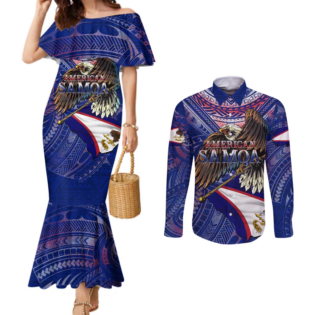 American Samoa Couples Matching Mermaid Dress and Long Sleeve Button Shirt Brave Eagle Flag Color DT02 Blue - Polynesian Pride