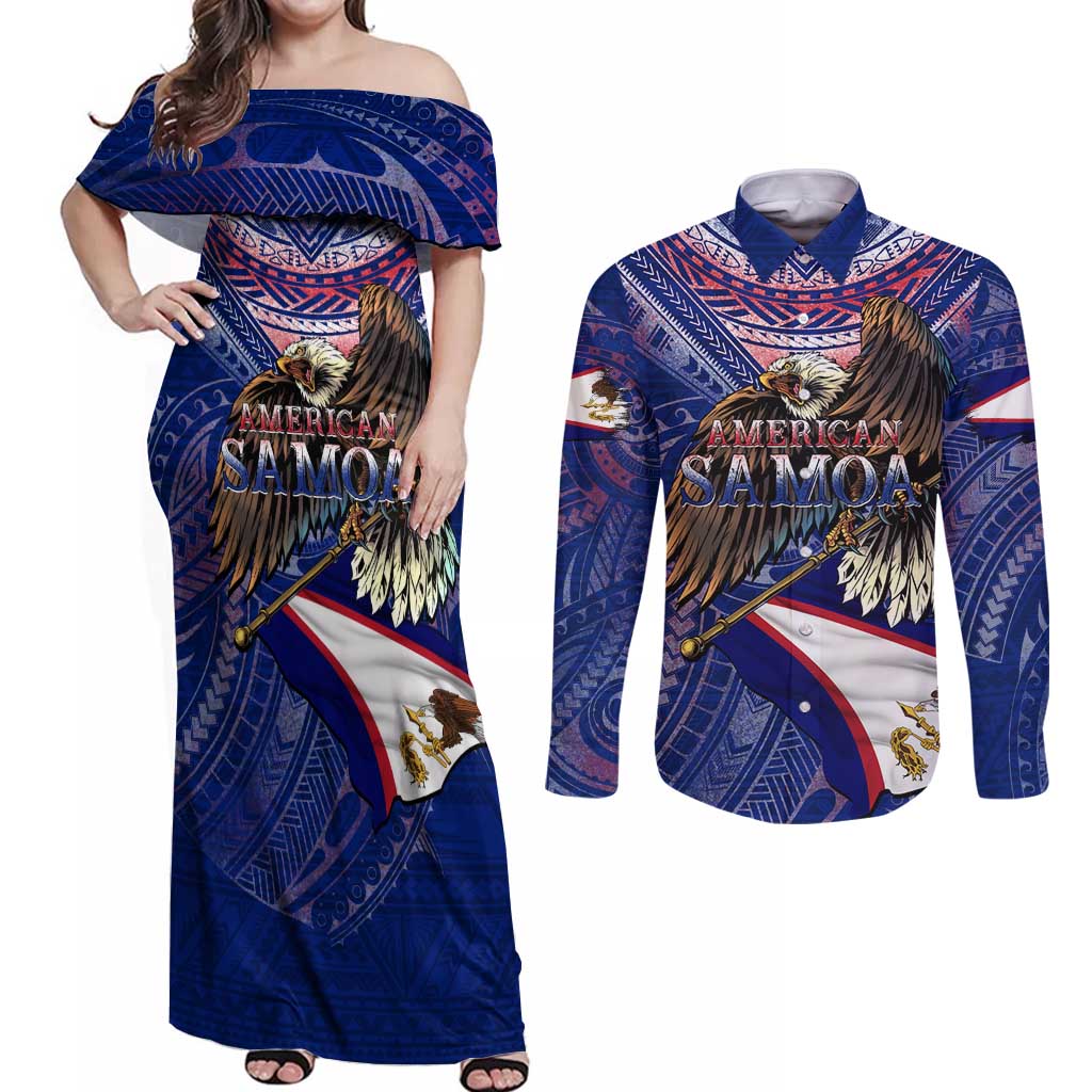 American Samoa Couples Matching Off Shoulder Maxi Dress and Long Sleeve Button Shirt Brave Eagle Flag Color DT02 Blue - Polynesian Pride