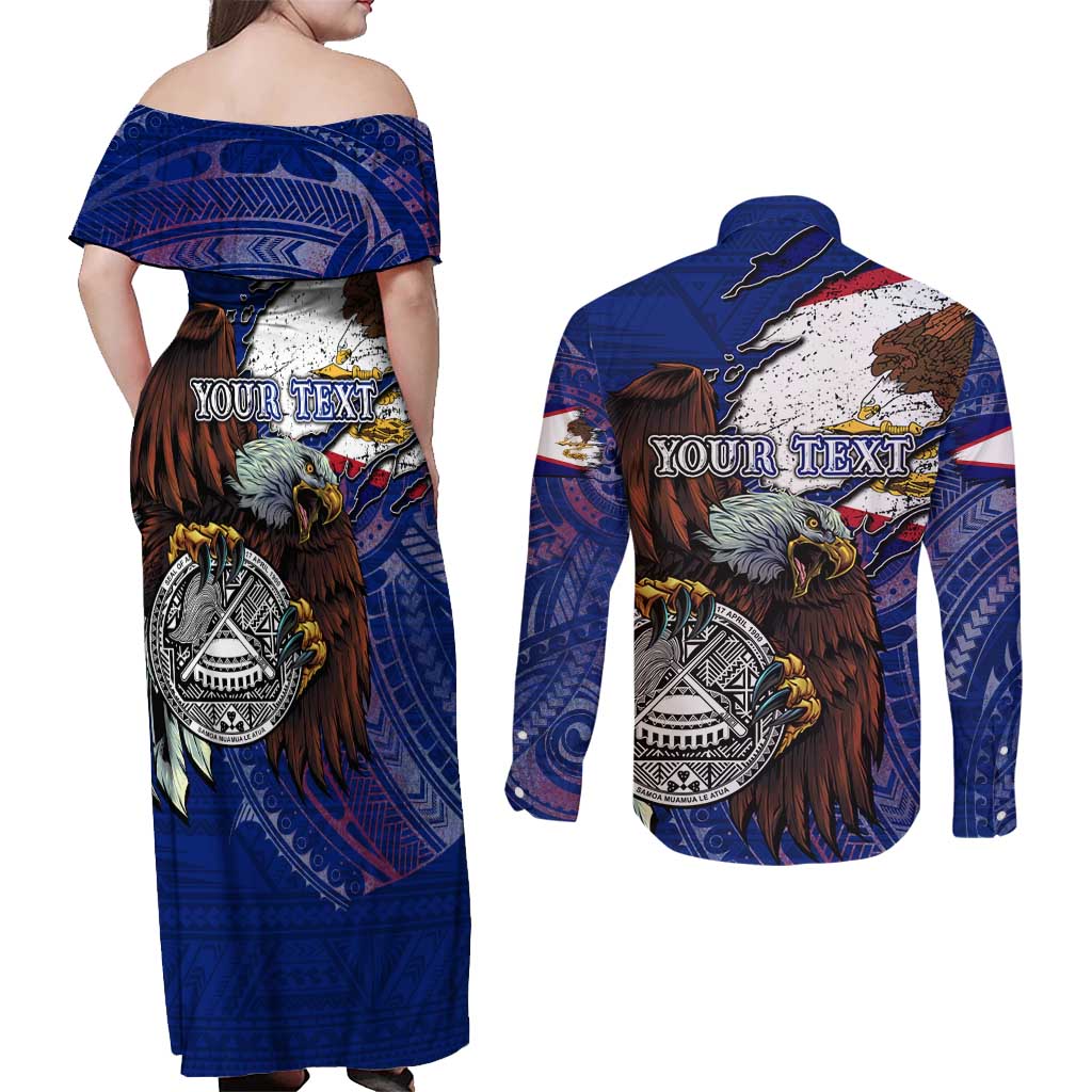 American Samoa Couples Matching Off Shoulder Maxi Dress and Long Sleeve Button Shirt Brave Eagle Flag Color