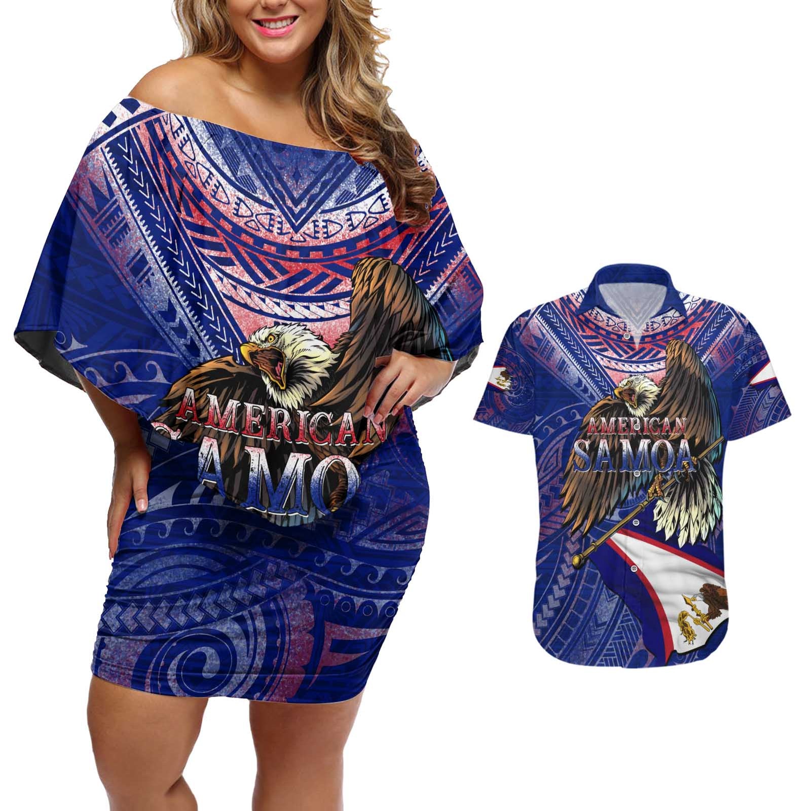 American Samoa Couples Matching Off Shoulder Short Dress and Hawaiian Shirt Brave Eagle Flag Color DT02 Blue - Polynesian Pride