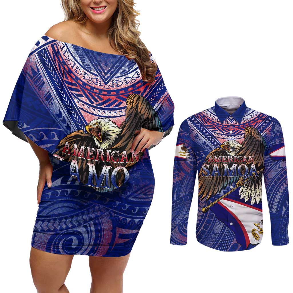 American Samoa Couples Matching Off Shoulder Short Dress and Long Sleeve Button Shirt Brave Eagle Flag Color DT02 Blue - Polynesian Pride