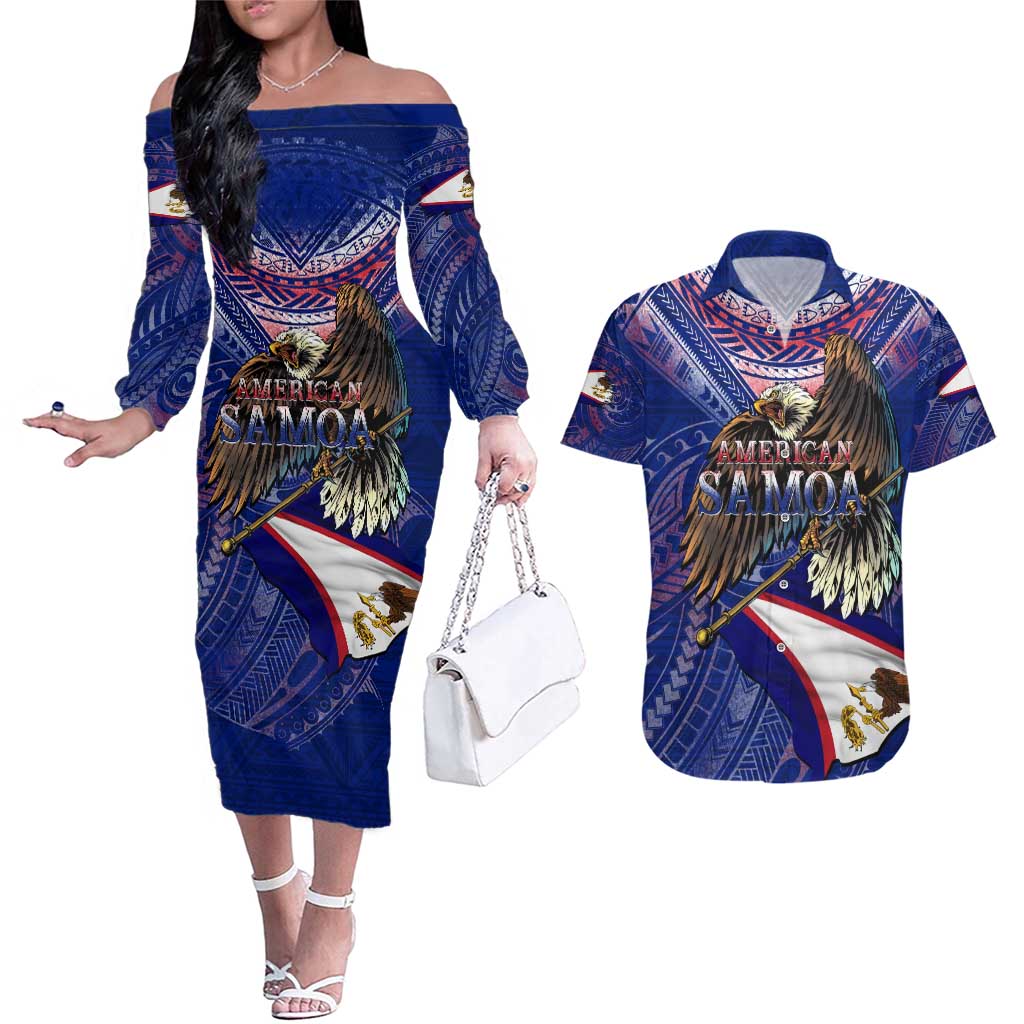 American Samoa Couples Matching Off The Shoulder Long Sleeve Dress and Hawaiian Shirt Brave Eagle Flag Color DT02 Blue - Polynesian Pride