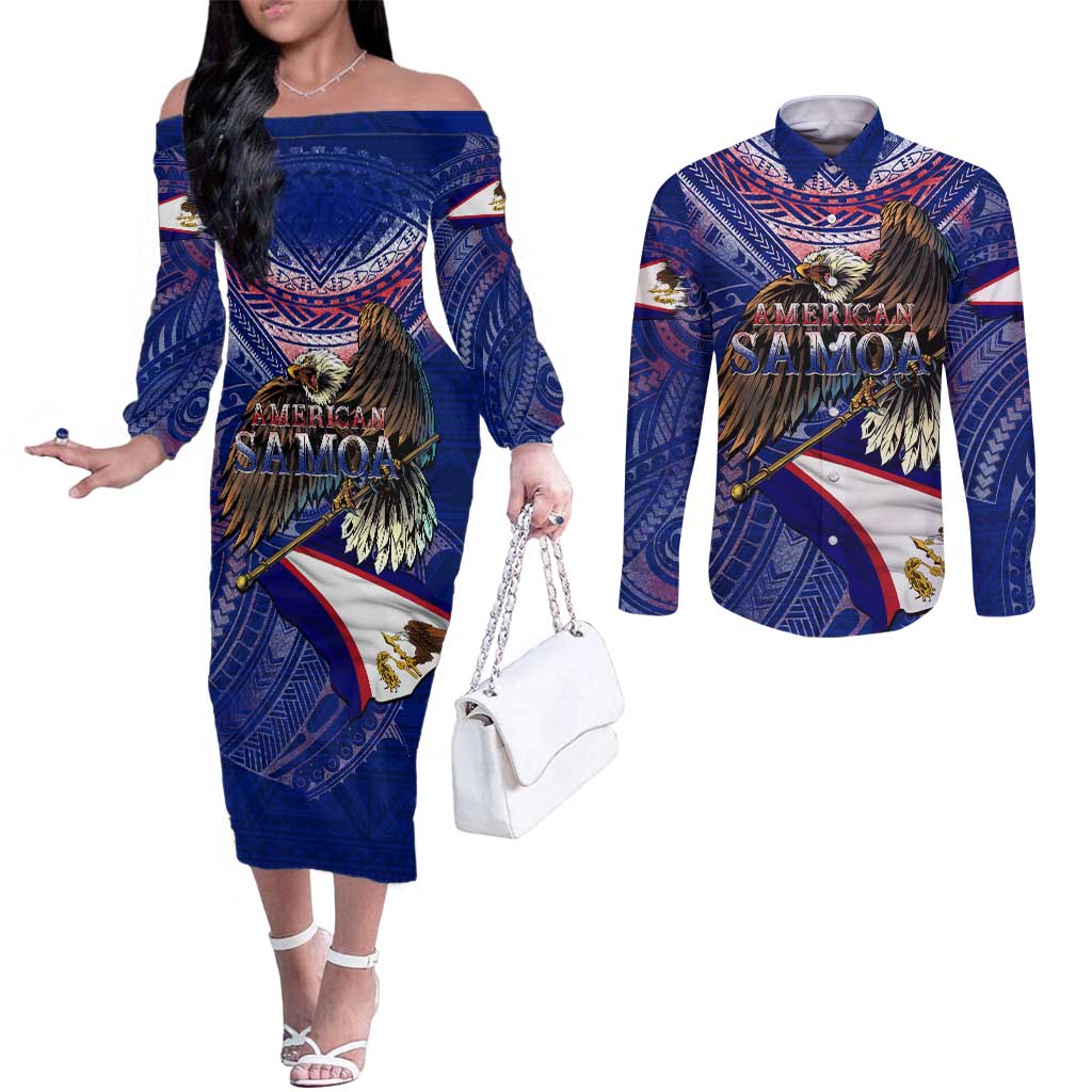 American Samoa Couples Matching Off The Shoulder Long Sleeve Dress and Long Sleeve Button Shirt Brave Eagle Flag Color DT02 Blue - Polynesian Pride