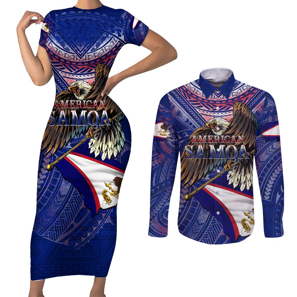 American Samoa Couples Matching Short Sleeve Bodycon Dress and Long Sleeve Button Shirt Brave Eagle Flag Color DT02 Blue - Polynesian Pride