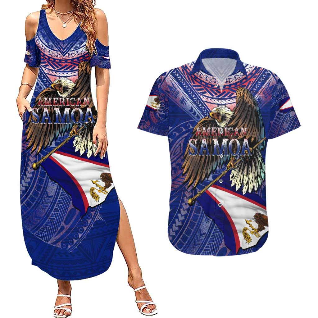 American Samoa Couples Matching Summer Maxi Dress and Hawaiian Shirt Brave Eagle Flag Color DT02 Blue - Polynesian Pride