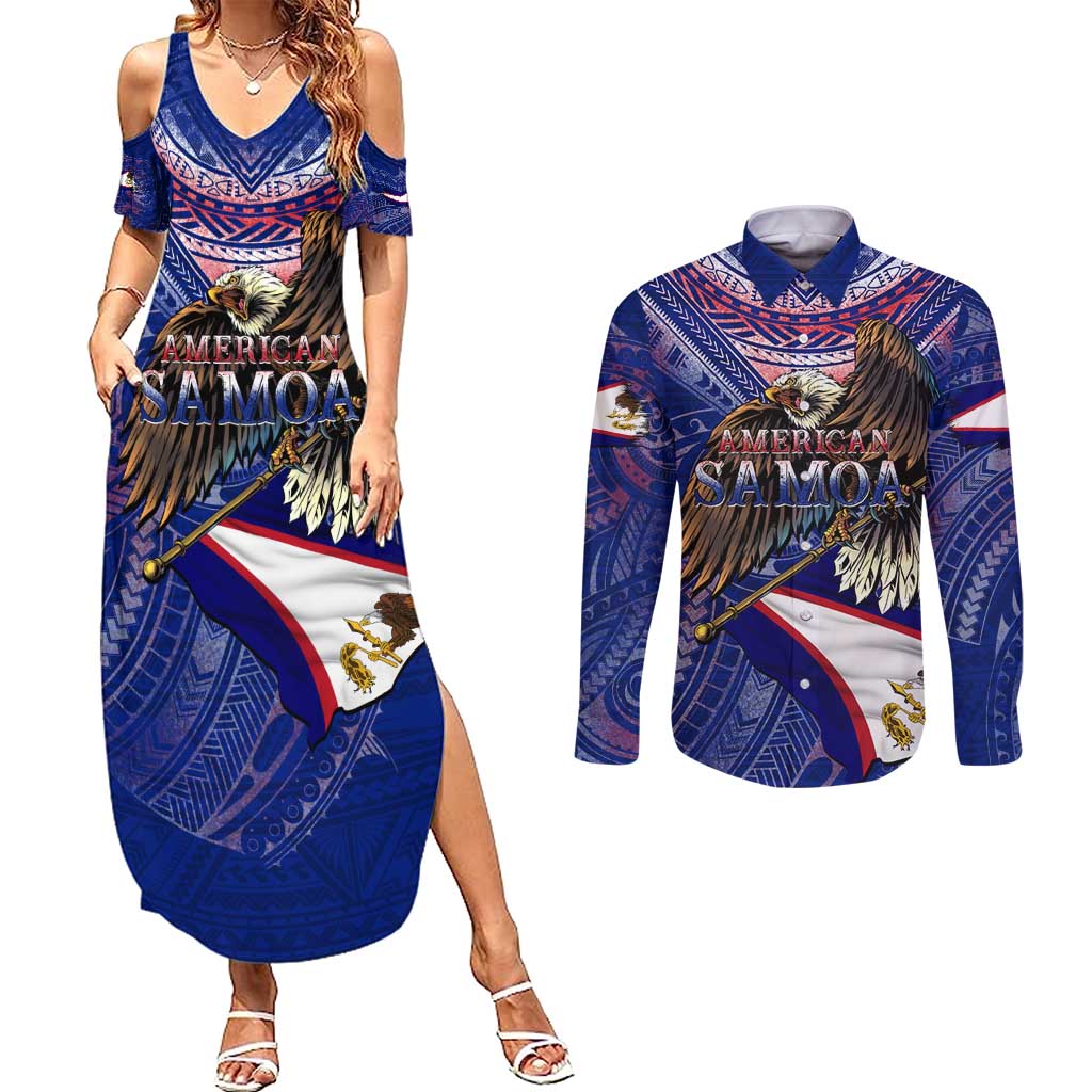 American Samoa Couples Matching Summer Maxi Dress and Long Sleeve Button Shirt Brave Eagle Flag Color DT02 Blue - Polynesian Pride