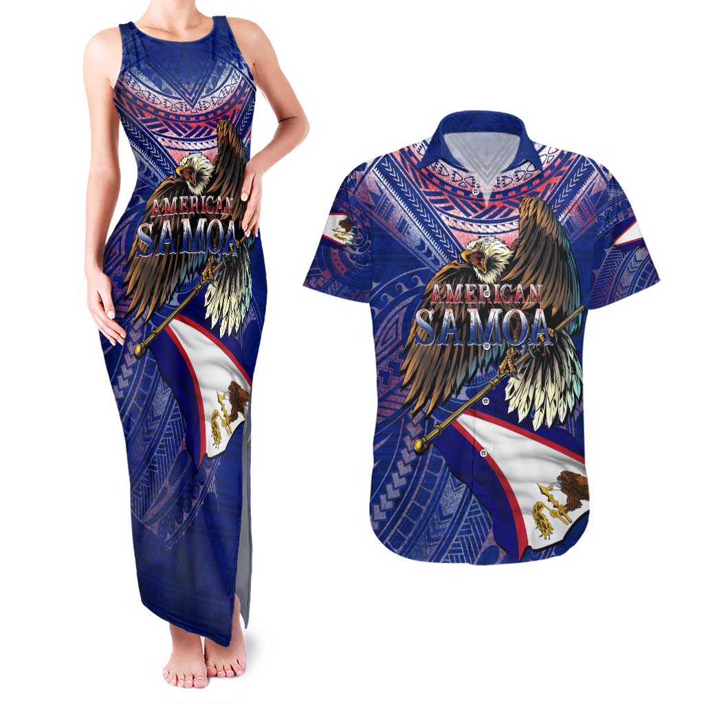American Samoa Couples Matching Tank Maxi Dress and Hawaiian Shirt Brave Eagle Flag Color DT02 Blue - Polynesian Pride