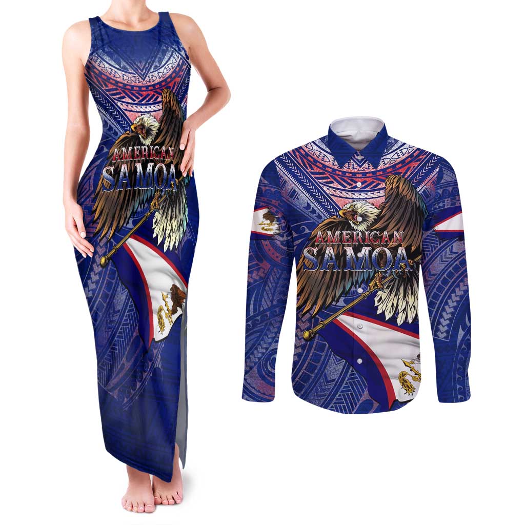 American Samoa Couples Matching Tank Maxi Dress and Long Sleeve Button Shirt Brave Eagle Flag Color DT02 Blue - Polynesian Pride