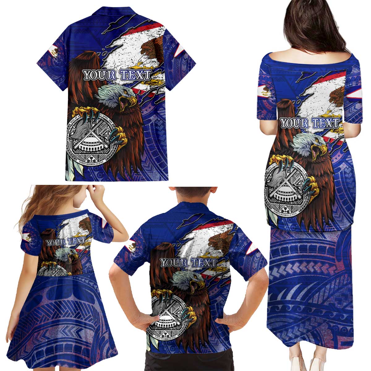 American Samoa Family Matching Puletasi and Hawaiian Shirt Brave Eagle Flag Color