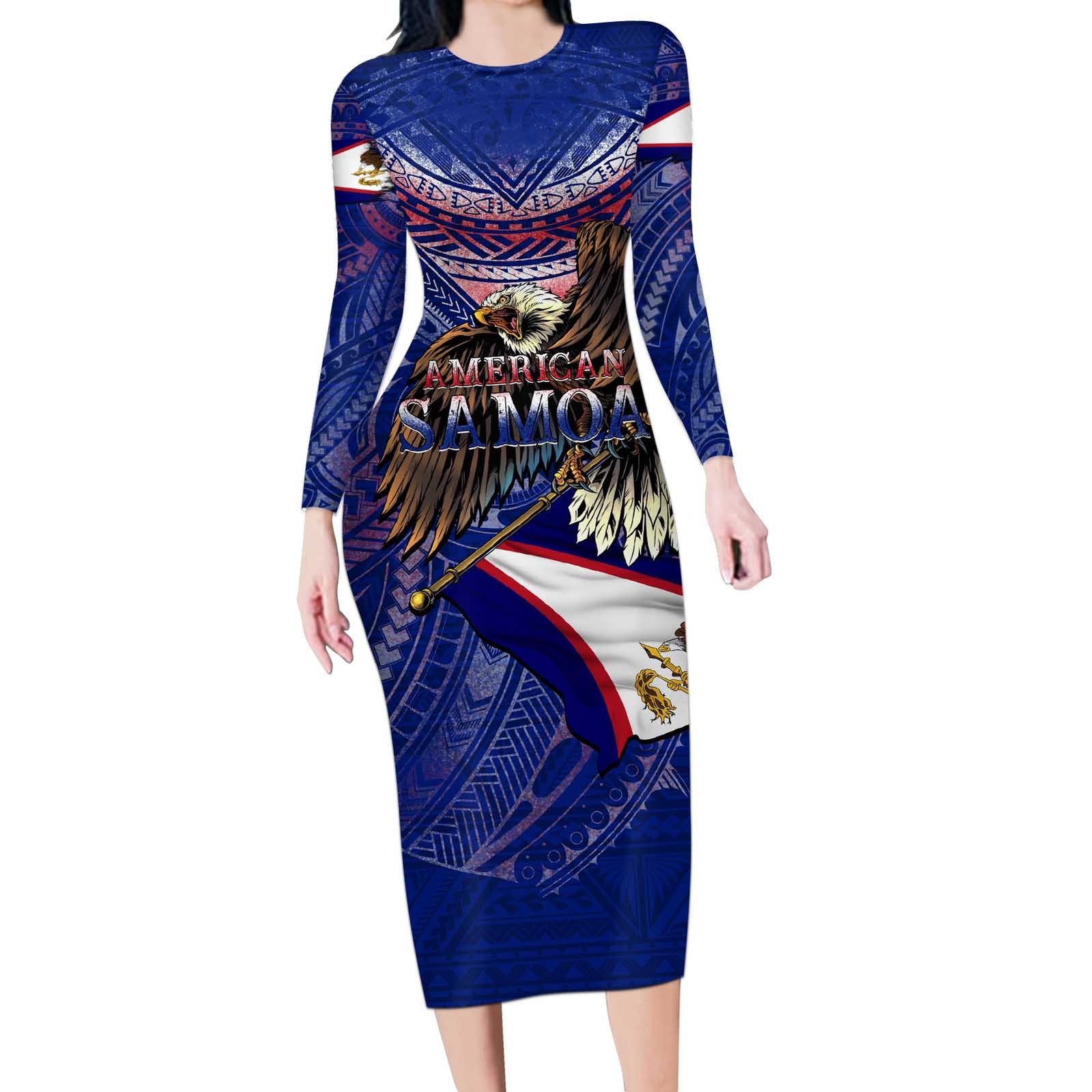 American Samoa Long Sleeve Bodycon Dress Brave Eagle Flag Color DT02 Long Dress Blue - Polynesian Pride