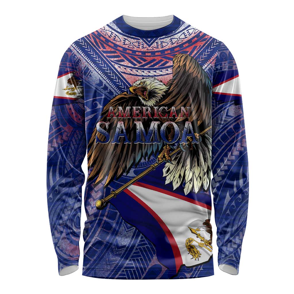 American Samoa Long Sleeve Shirt Brave Eagle Flag Color DT02 Unisex Blue - Polynesian Pride