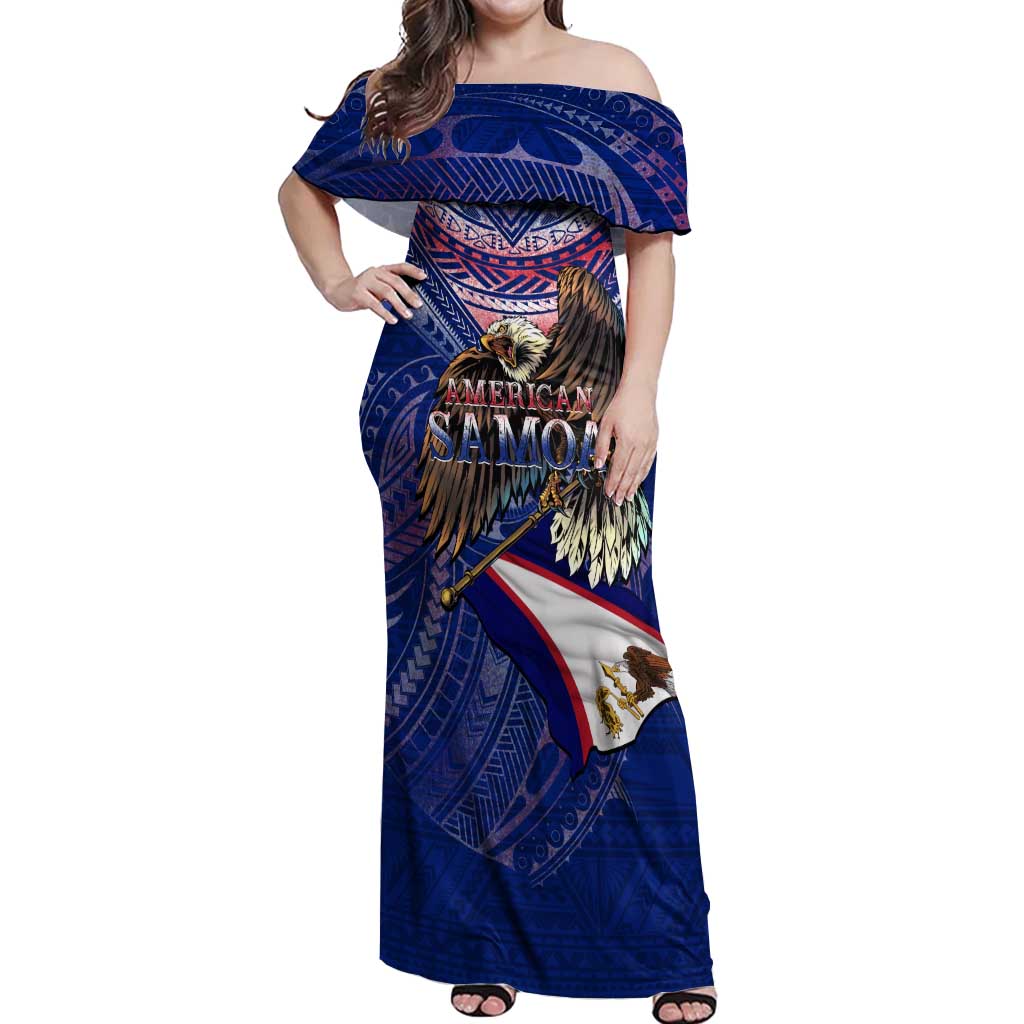 American Samoa Off Shoulder Maxi Dress Brave Eagle Flag Color DT02 Women Blue - Polynesian Pride