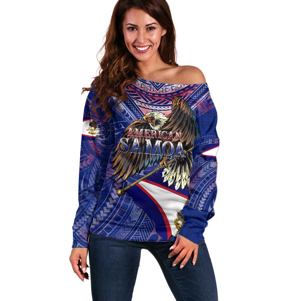 American Samoa Off Shoulder Sweater Brave Eagle Flag Color DT02 Women Blue - Polynesian Pride