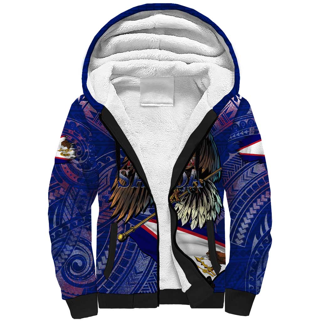 American Samoa Sherpa Hoodie Brave Eagle Flag Color DT02 Unisex Blue - Polynesian Pride