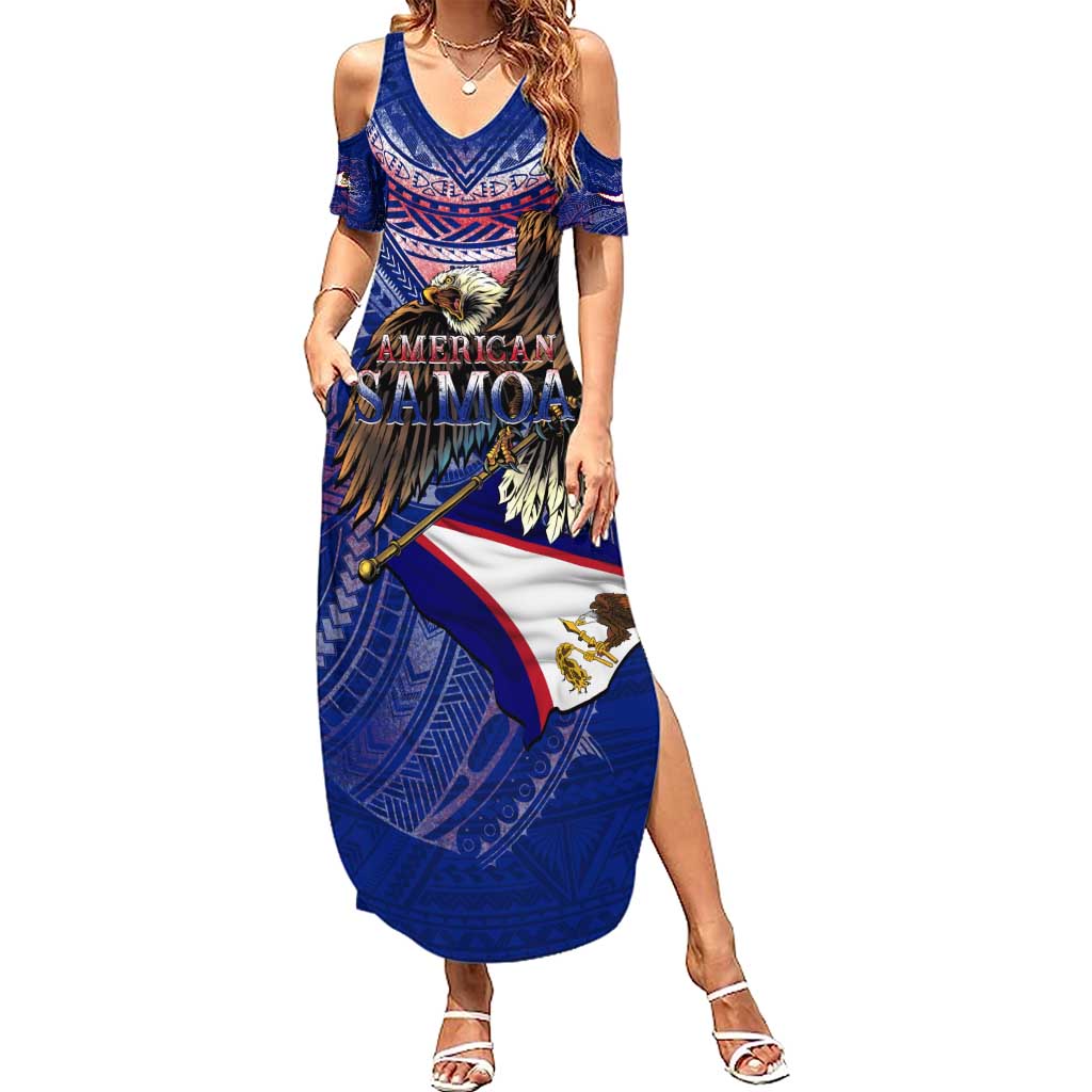 American Samoa Summer Maxi Dress Brave Eagle Flag Color DT02 Women Blue - Polynesian Pride