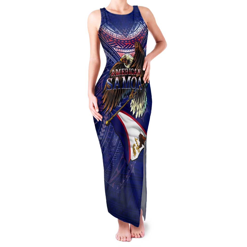 American Samoa Tank Maxi Dress Brave Eagle Flag Color DT02 Women Blue - Polynesian Pride