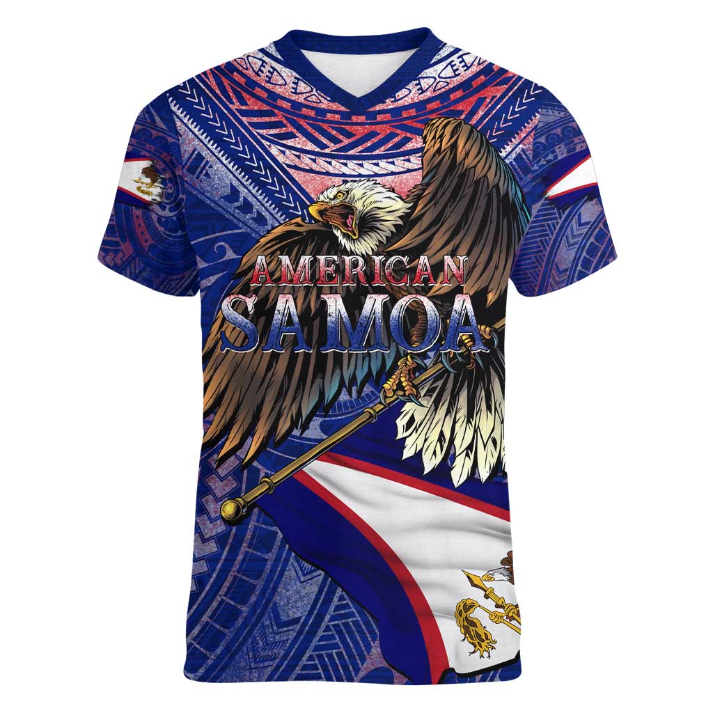 American Samoa Women V-Neck T-Shirt Brave Eagle Flag Color DT02 Female Blue - Polynesian Pride