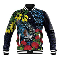 New Zealand Tui Bird Baseball Jacket Maori Koru Mix Pohutukawa DT04 Unisex Black - Polynesian Pride