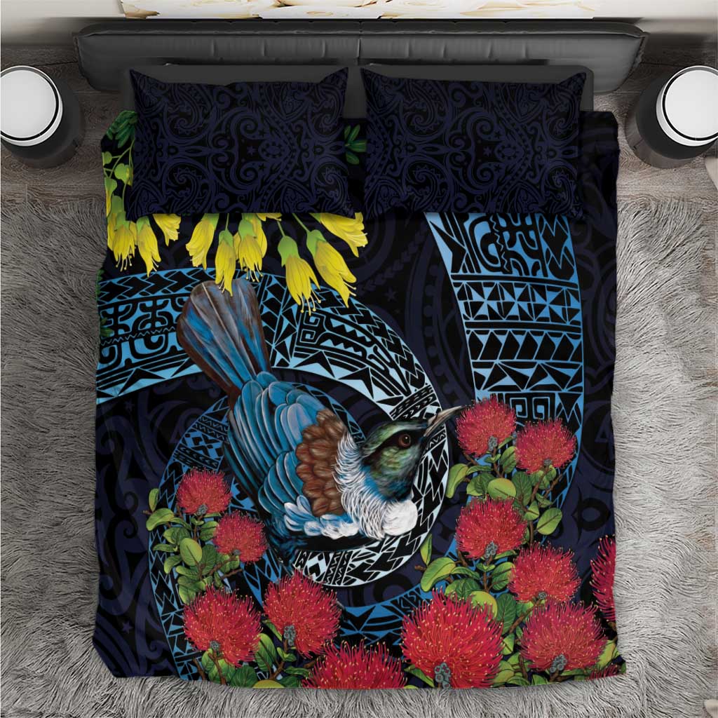 New Zealand Tui Bird Bedding Set Maori Koru Mix Pohutukawa DT04 Black - Polynesian Pride