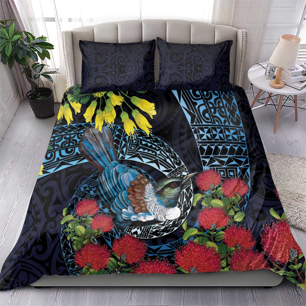 New Zealand Tui Bird Bedding Set Maori Koru Mix Pohutukawa