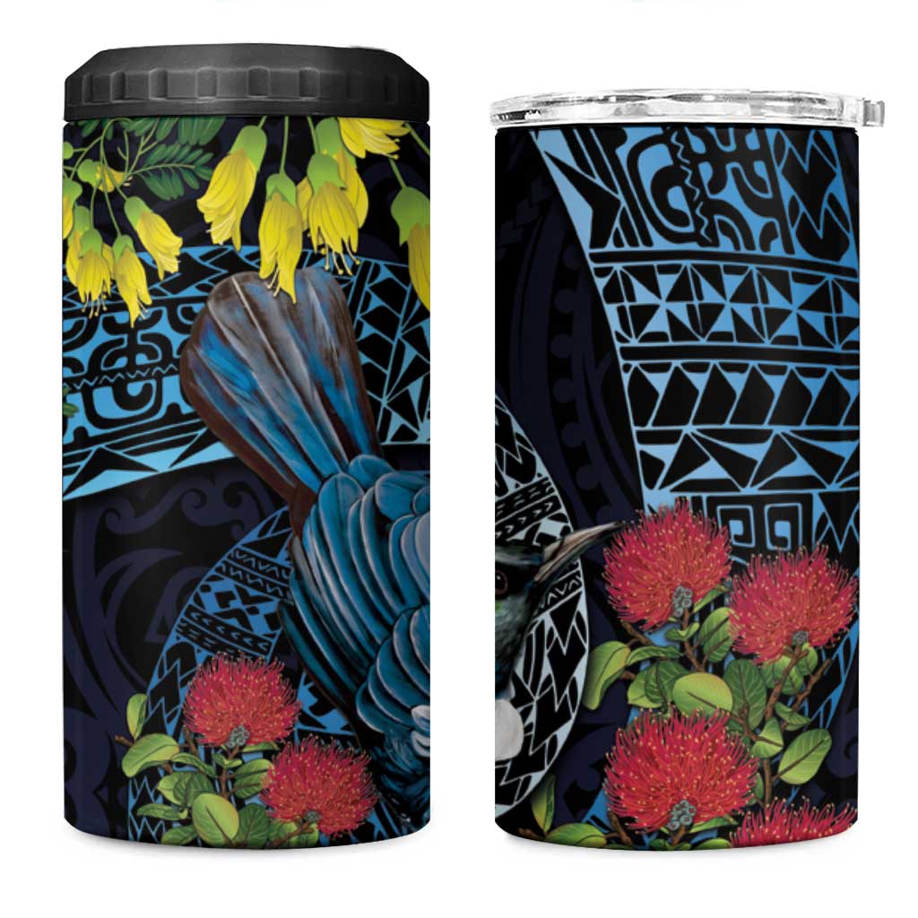 New Zealand Tui Bird 4 in 1 Can Cooler Tumbler Maori Koru Mix Pohutukawa