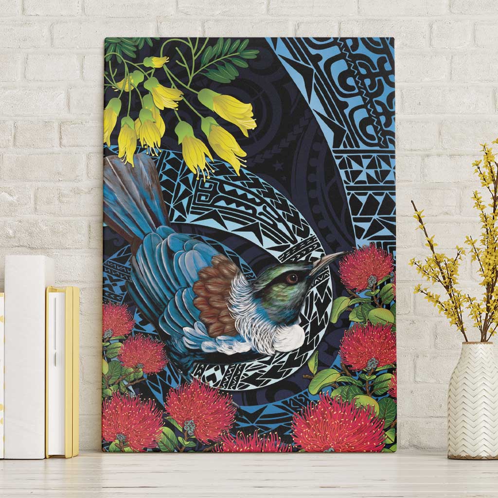 New Zealand Tui Bird Canvas Wall Art Maori Koru Mix Pohutukawa