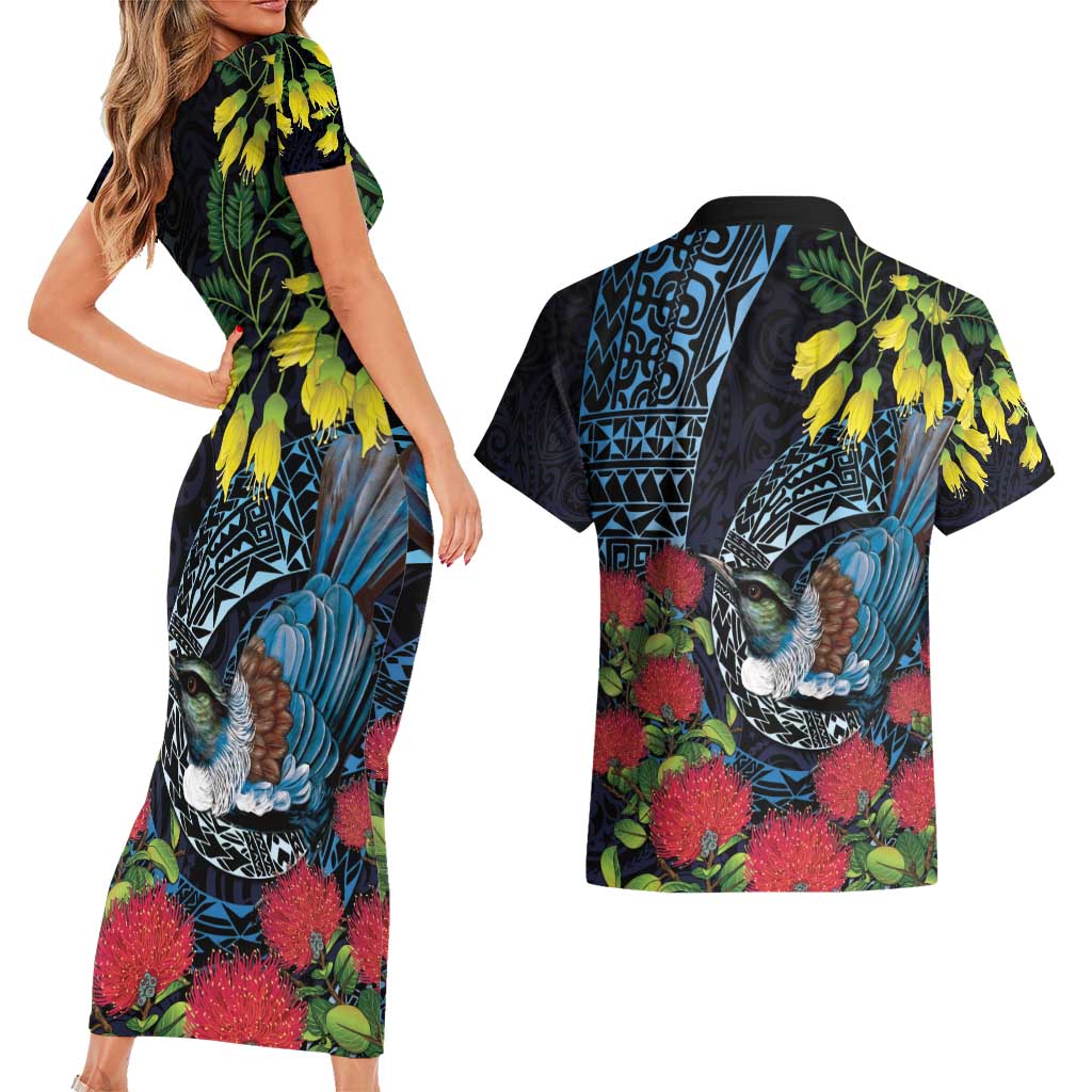 New Zealand Tui Bird Couples Matching Short Sleeve Bodycon Dress and Hawaiian Shirt Maori Koru Mix Pohutukawa