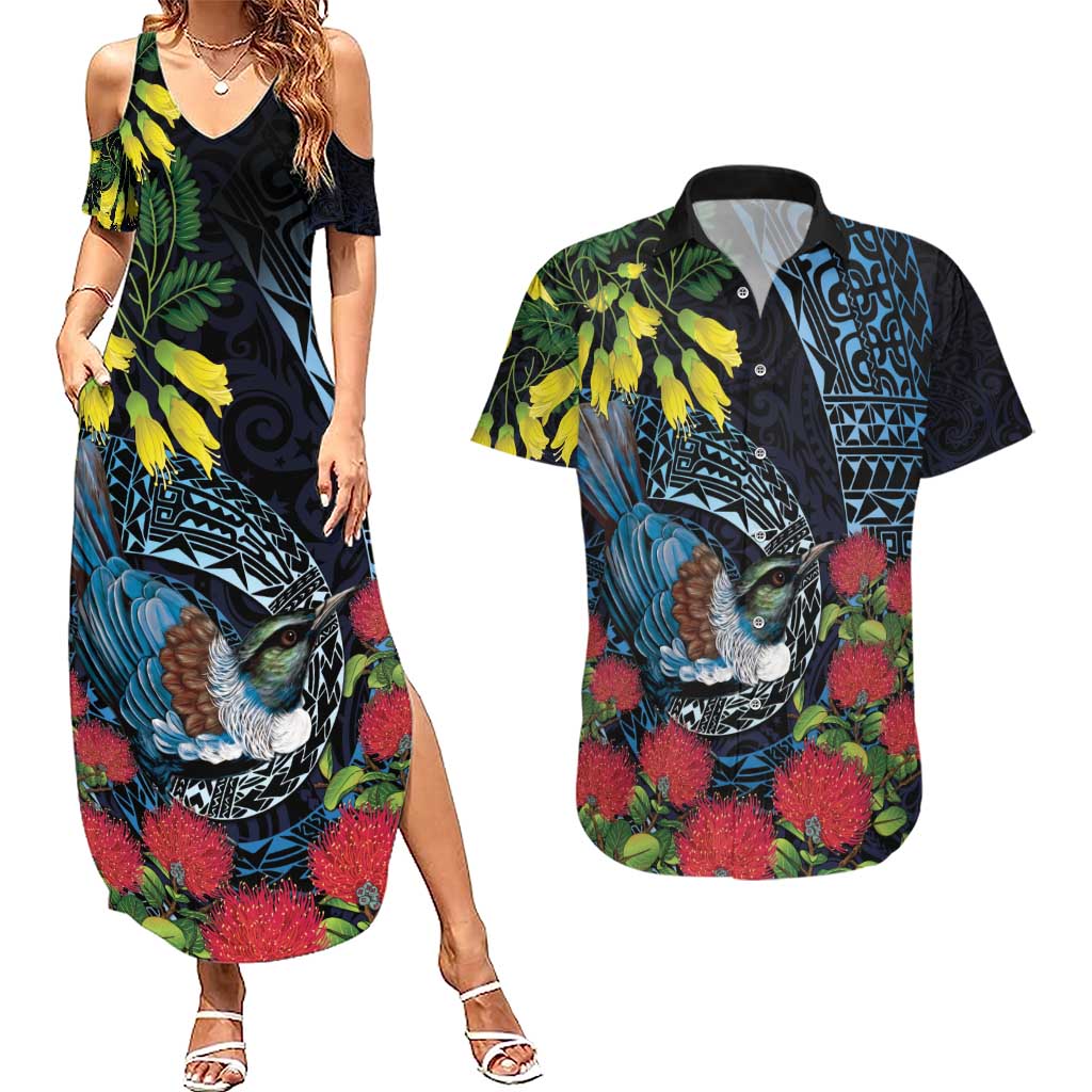 New Zealand Tui Bird Couples Matching Summer Maxi Dress and Hawaiian Shirt Maori Koru Mix Pohutukawa