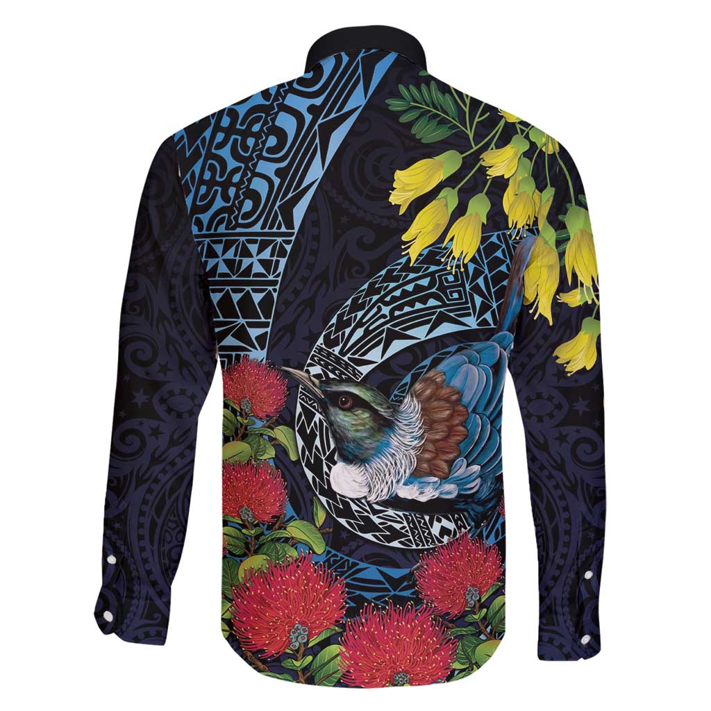 New Zealand Tui Bird Family Matching Long Sleeve Bodycon Dress and Hawaiian Shirt Maori Koru Mix Pohutukawa DT04 - Polynesian Pride