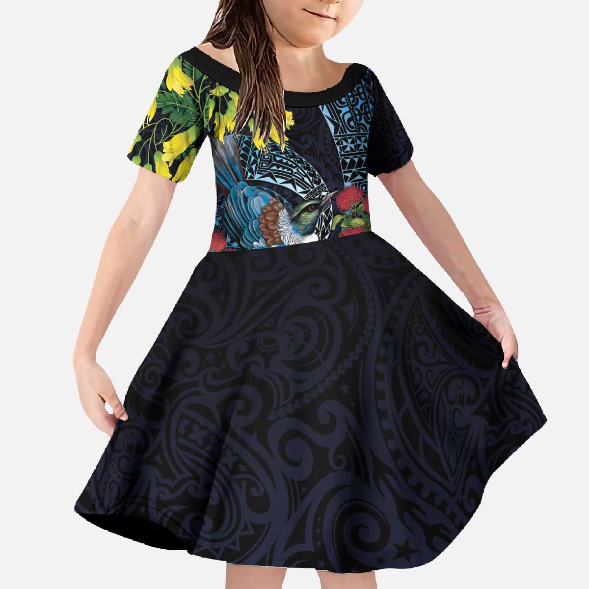 New Zealand Tui Bird Family Matching Off The Shoulder Long Sleeve Dress and Hawaiian Shirt Maori Koru Mix Pohutukawa DT04 Daughter's Dress Black - Polynesian Pride