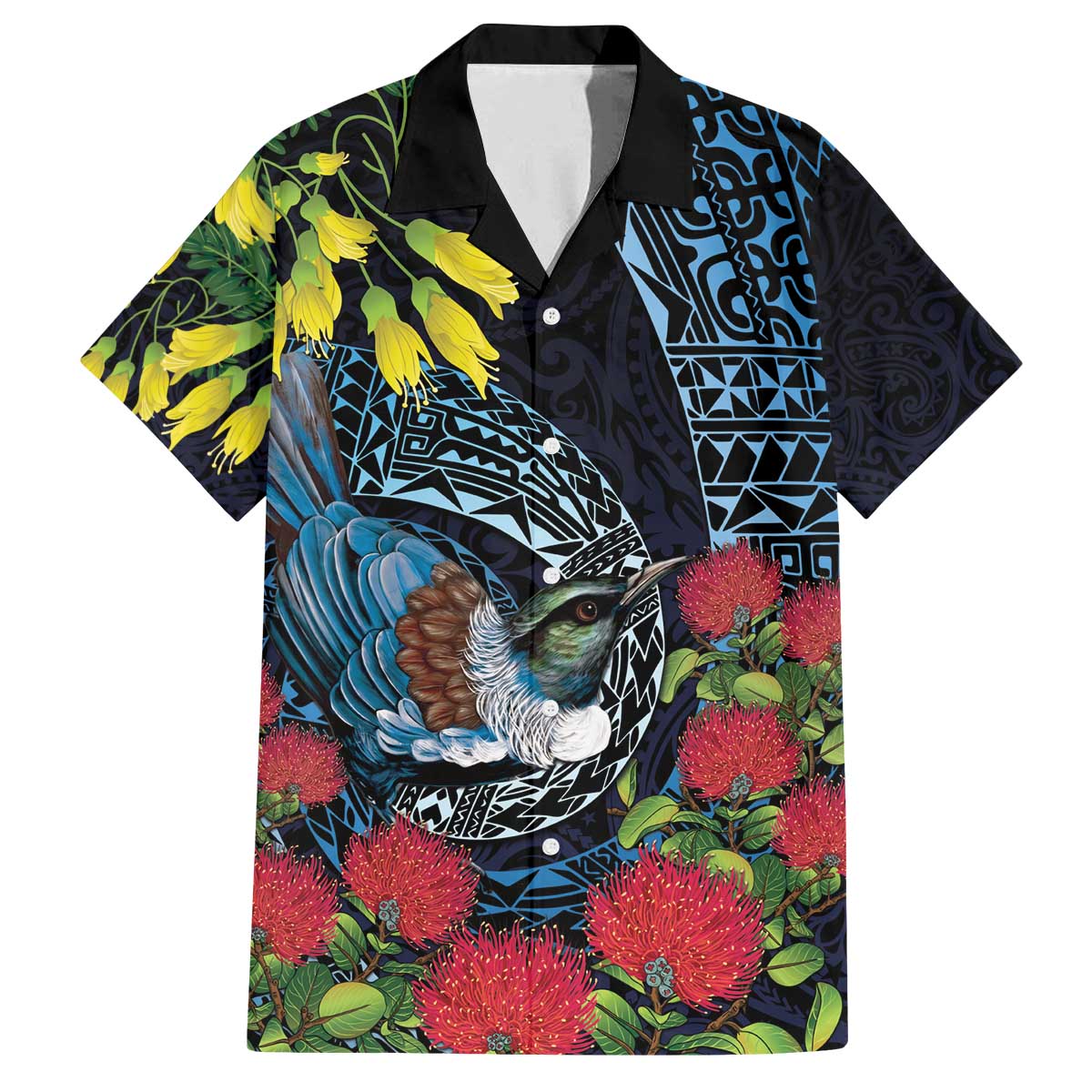 New Zealand Tui Bird Family Matching Off The Shoulder Long Sleeve Dress and Hawaiian Shirt Maori Koru Mix Pohutukawa DT04 Dad's Shirt - Short Sleeve Black - Polynesian Pride