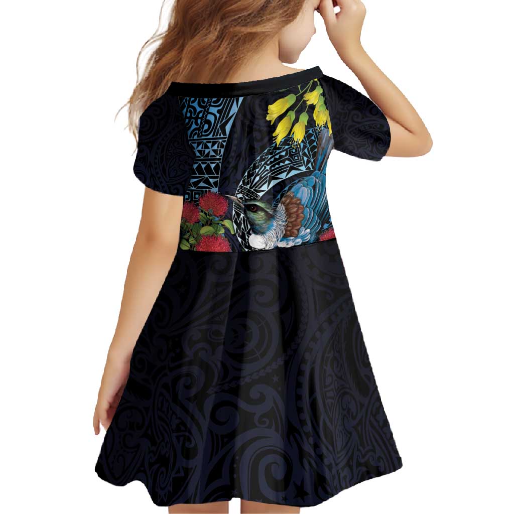New Zealand Tui Bird Family Matching Off Shoulder Maxi Dress and Hawaiian Shirt Maori Koru Mix Pohutukawa
