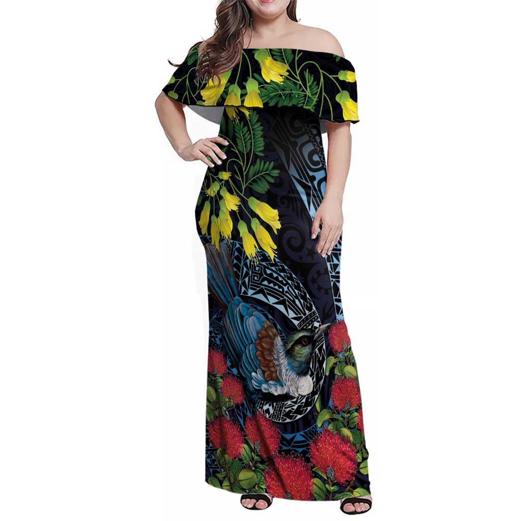 New Zealand Tui Bird Family Matching Off Shoulder Maxi Dress and Hawaiian Shirt Maori Koru Mix Pohutukawa
